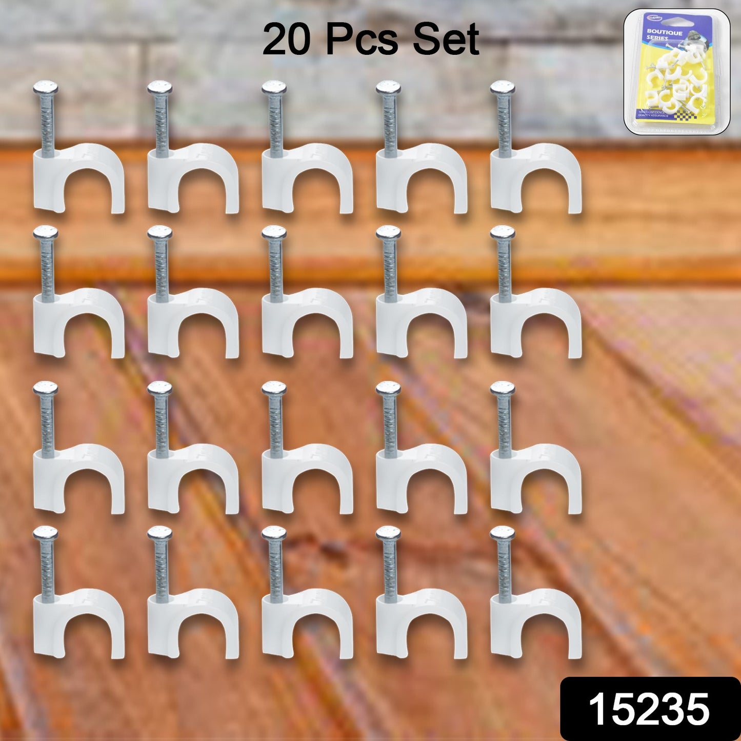 Set of 20 Wukusy plastic wire wall clips with steel nails, round cable clips for organizing wires in home improvement projects.