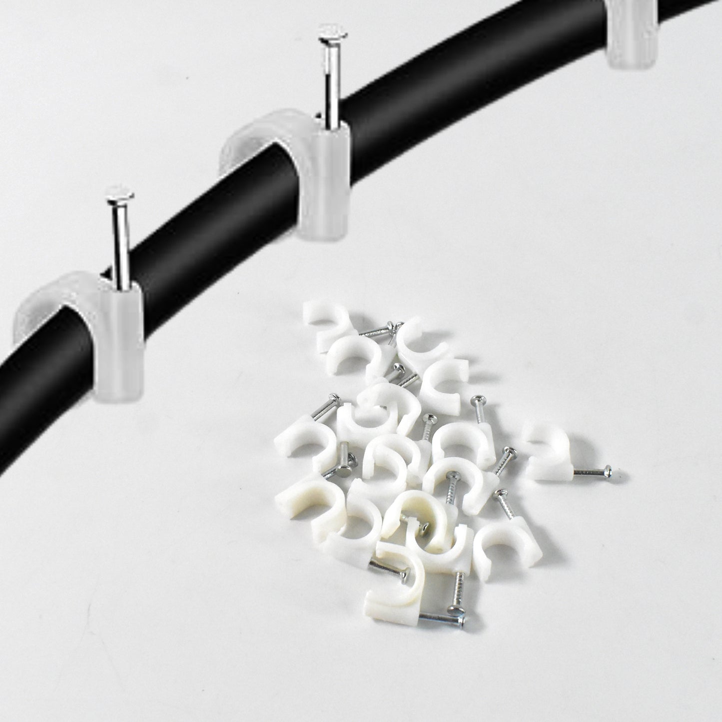 Wukusy plastic wire wall clips with steel nails, round cable pins, 20-piece set for home improvement and cable organization.