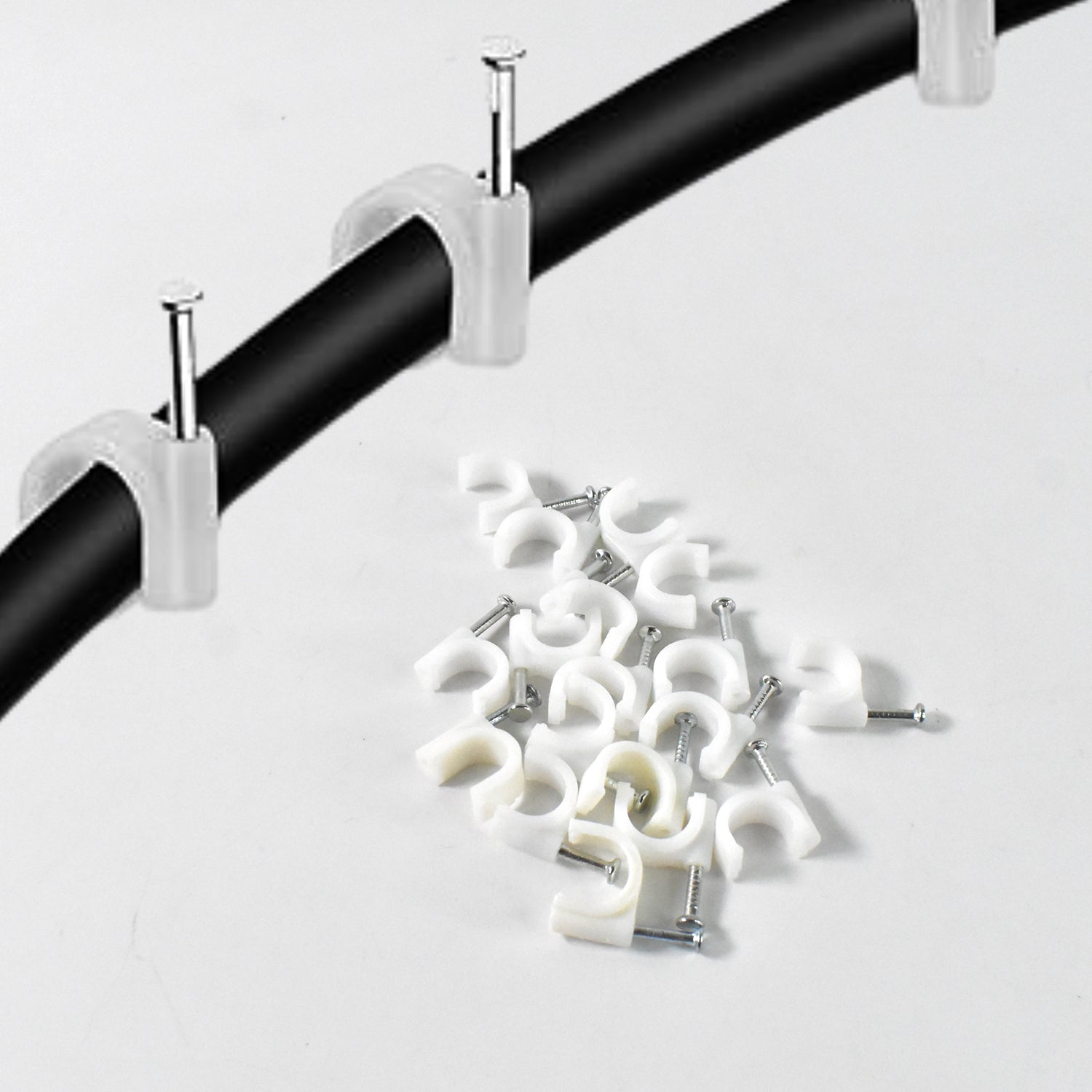Wukusy plastic wire wall clips with steel nails, round cable pins, 20-piece set for home improvement and cable organization.