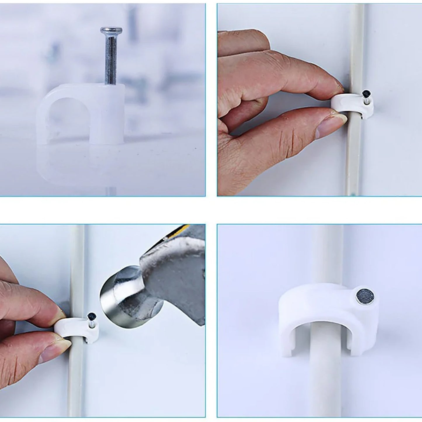 Set of 20 Wukusy plastic wire wall clips with steel nails, round cable clips for home improvement, easy to secure wires.