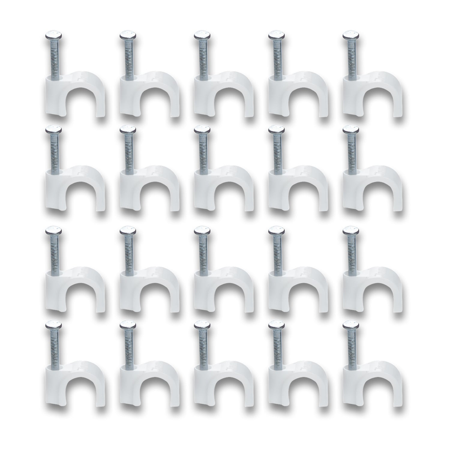 Wukusy plastic wire wall clips with steel nails, round cable clips for home improvement, 20-piece set for organizing wires.