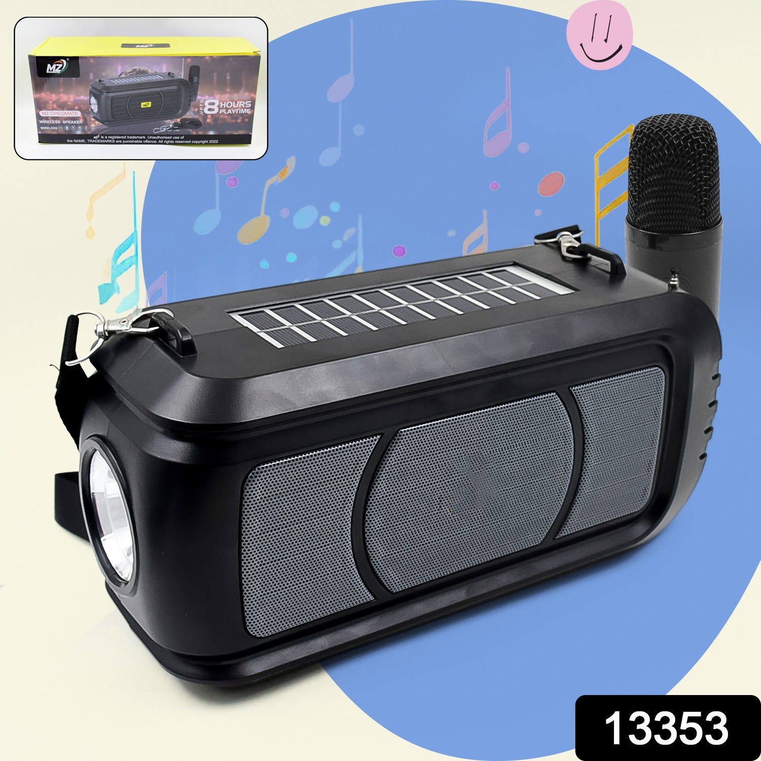 Wukusy wireless Bluetooth speaker with high bass, wireless mic, LED torch, solar charging, USB support and adjustable strap.