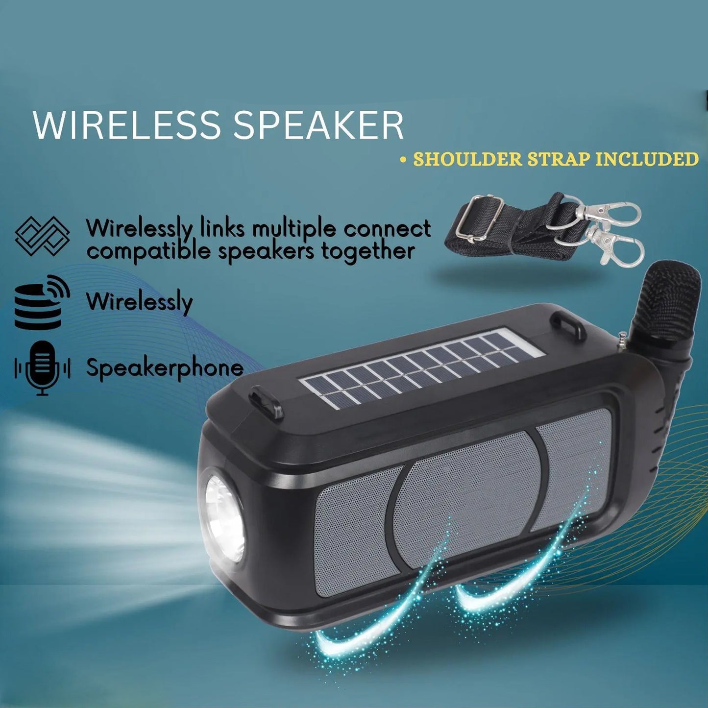 Wukusy wireless Bluetooth speaker with high bass, microphone, LED torch, solar charging, USB support, and adjustable strap.