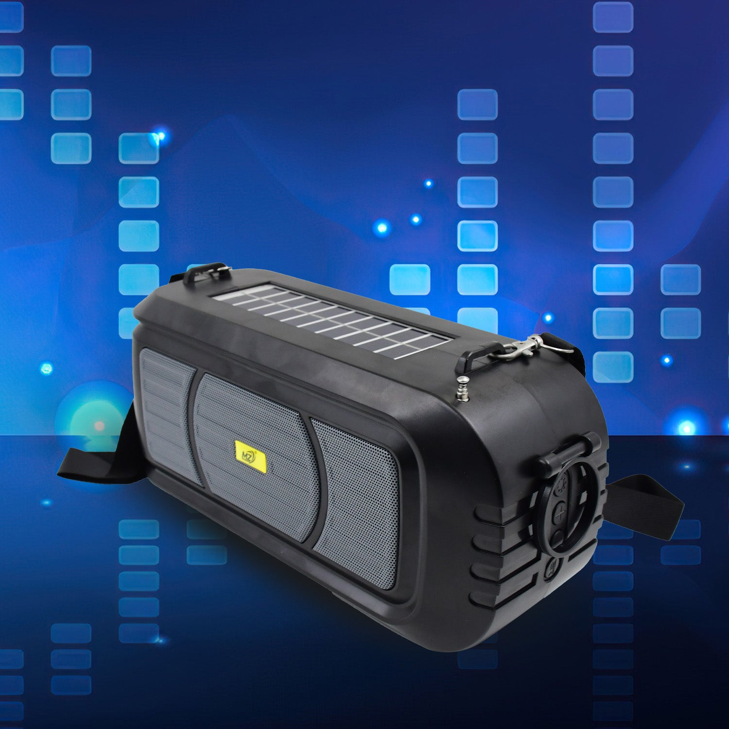 Wukusy wireless Bluetooth speaker with high bass, wireless mic, LED torch, solar charging, USB support, and adjustable strap.