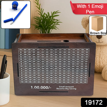 Wooden money piggy bank by Wukusy, featuring a playful emoji design, used as a home improvement money box for saving coins.