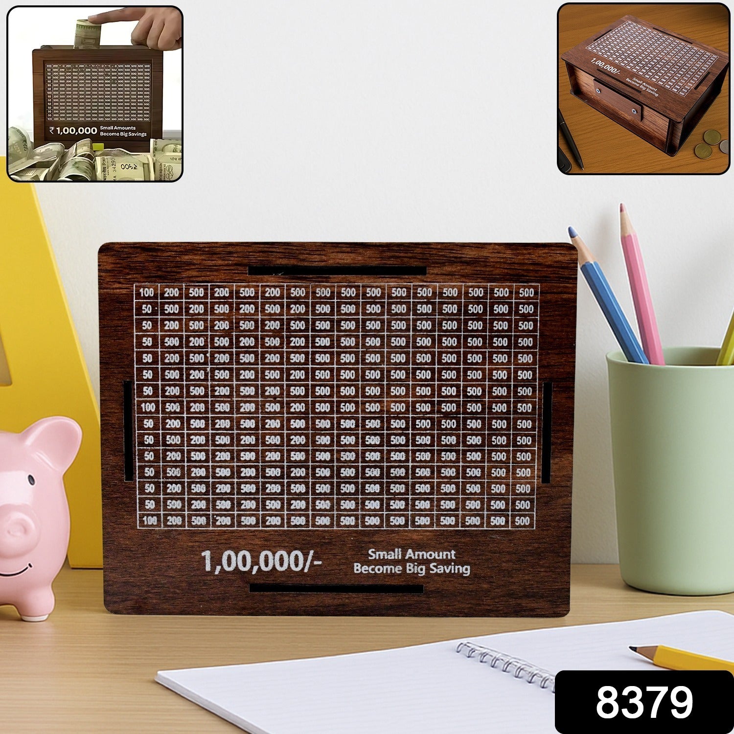 Wukusy wooden piggy bank money box with a slot for coins and a marker pen for customization, ideal for home savings.