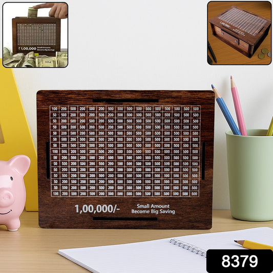 Wukusy wooden piggy bank money box with a slot for coins and a marker pen for customization, ideal for home savings.