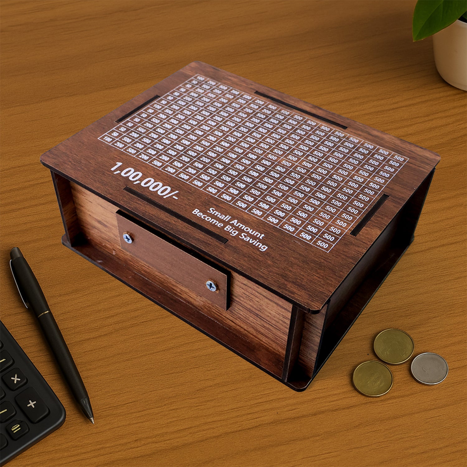 Wukusy wooden piggy bank money box with a slot for coins and a marker pen for labeling, ideal for home savings.