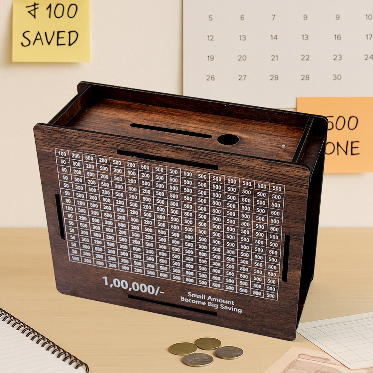 Wukusy wooden piggy bank money box with a slot for coins and a marker pen for labeling, perfect for home savings.