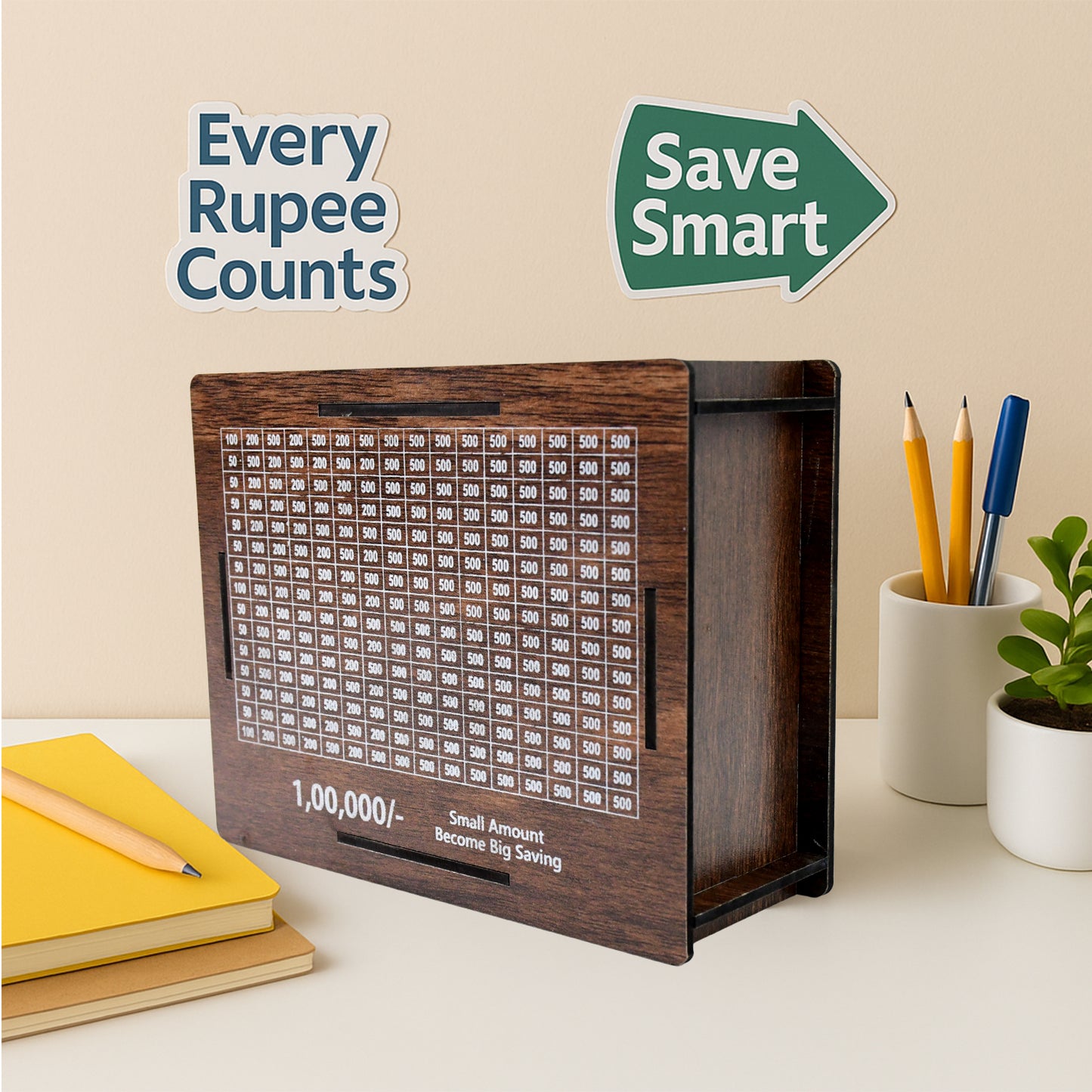 Wukusy wooden money piggy bank with slot for coins, includes a marker pen for labeling, ideal for home savings and improvement.