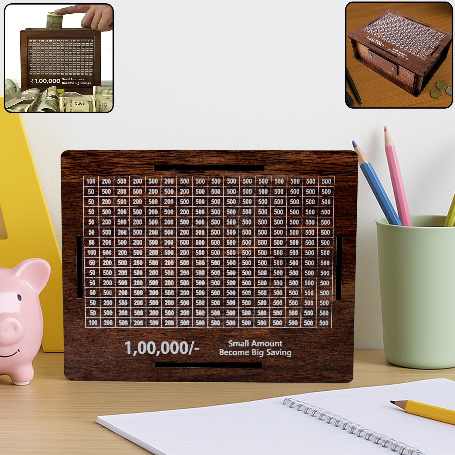 Wukusy wooden piggy bank money box with a slot for coins and a marker pen for labeling, ideal for home savings.