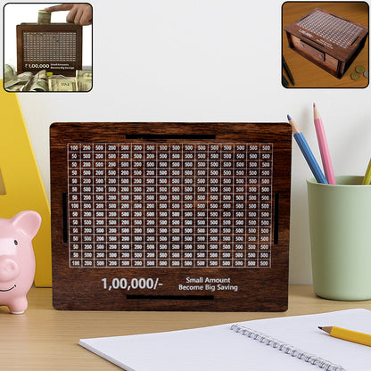 Wukusy wooden piggy bank money box with a slot for coins and a marker pen for labeling, ideal for home savings.
