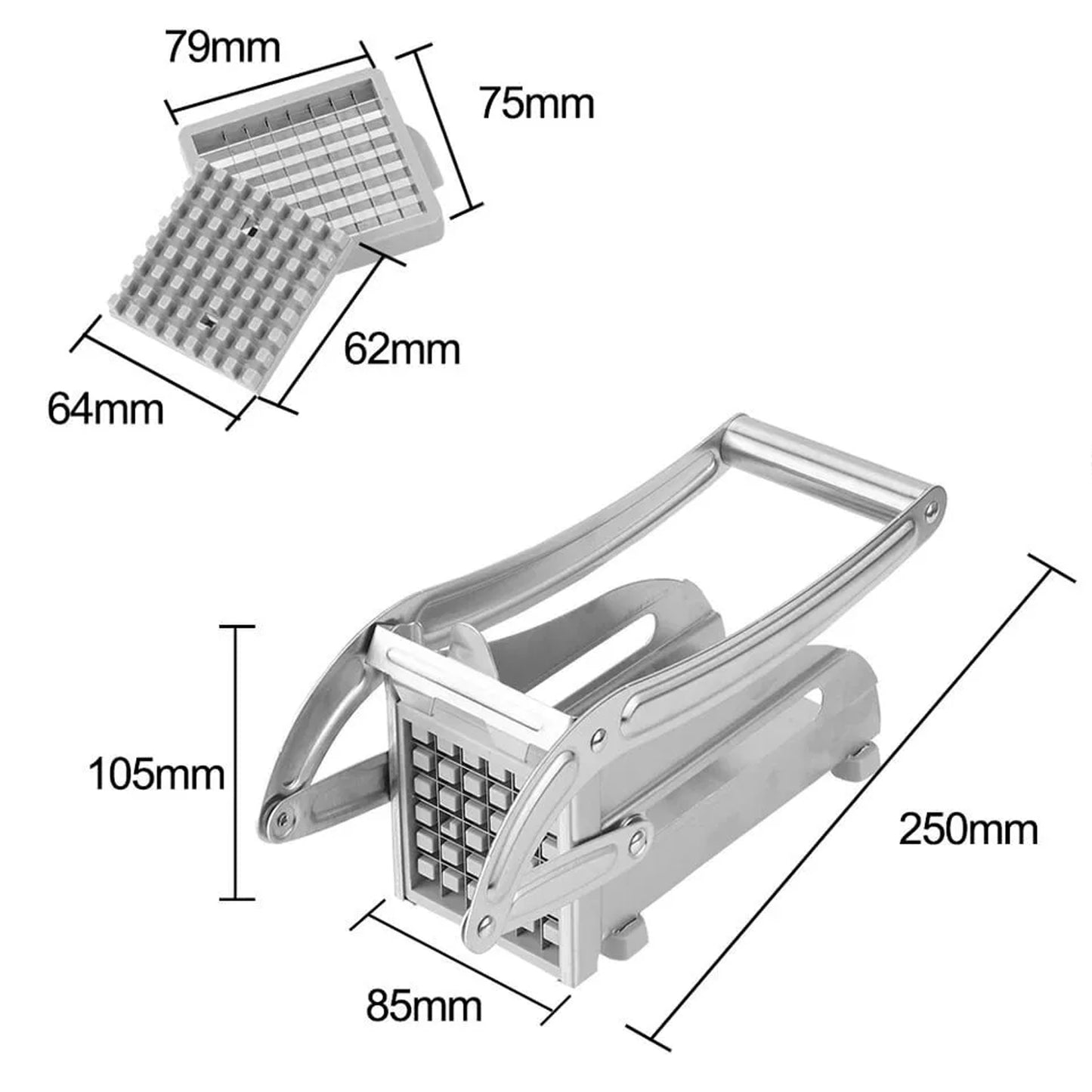 Wukusy French fries potato chips strip cutter machine with blade for home kitchen use, showing the device and cutting blades