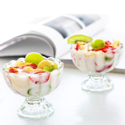 Set of six Wukusy dessert bowls for ice cream, salads, and fruit, clear glass with smooth rounded edges, perfect for home serving.