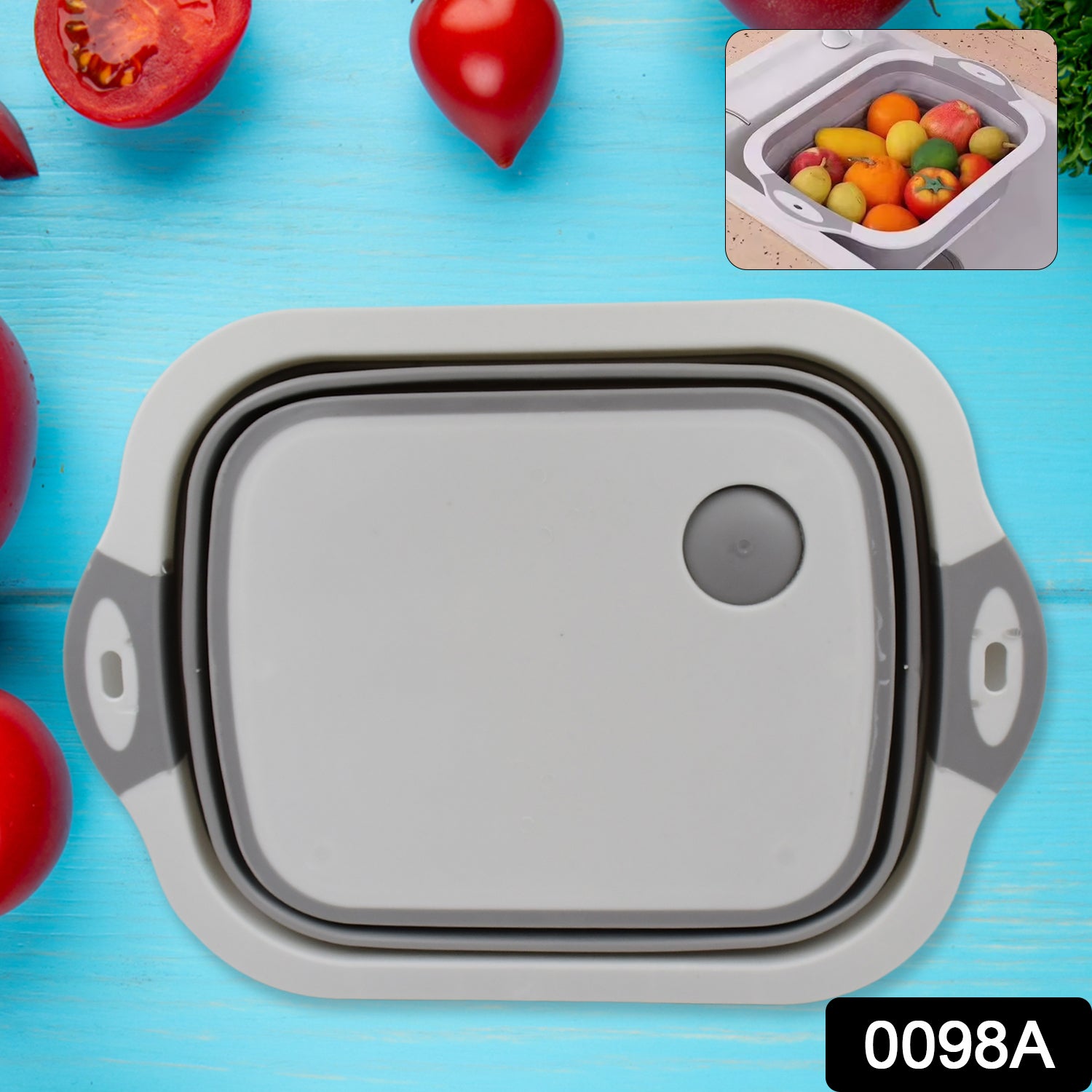Wukusy collapsible cutting board with integrated dish tub basket for efficient kitchen food prep and cleaning.