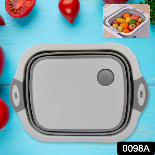 Wukusy collapsible cutting board with integrated dish tub basket for efficient kitchen food prep and cleaning.