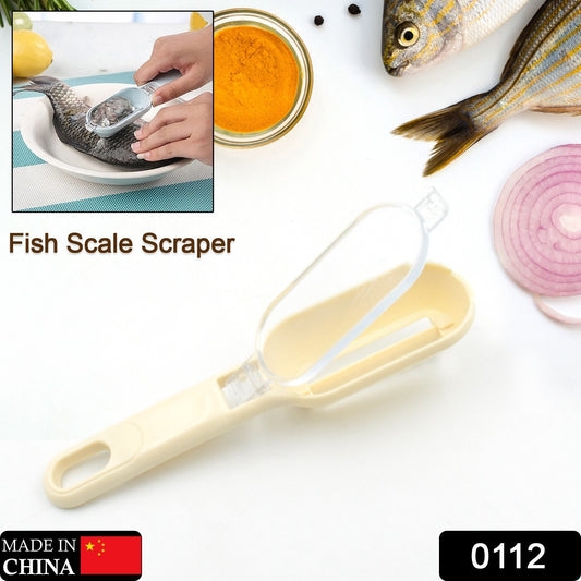 Plastic fish scales grater and scraper tool with cover from Wukusy, used for cleaning and scaling fish in the kitchen.