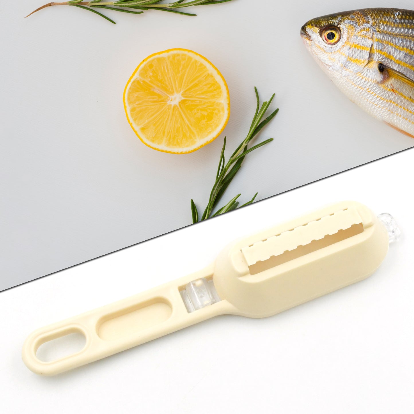 Plastic fish scales scraper and fish skin brush from Wukusy, with cover, used for cleaning and scaling fish in home kitchen cooking.