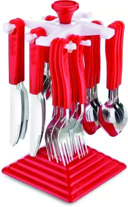 Wukusy 24-piece stainless steel cutlery set with stand, including forks, knives, spoons, and storage holder for home dining.