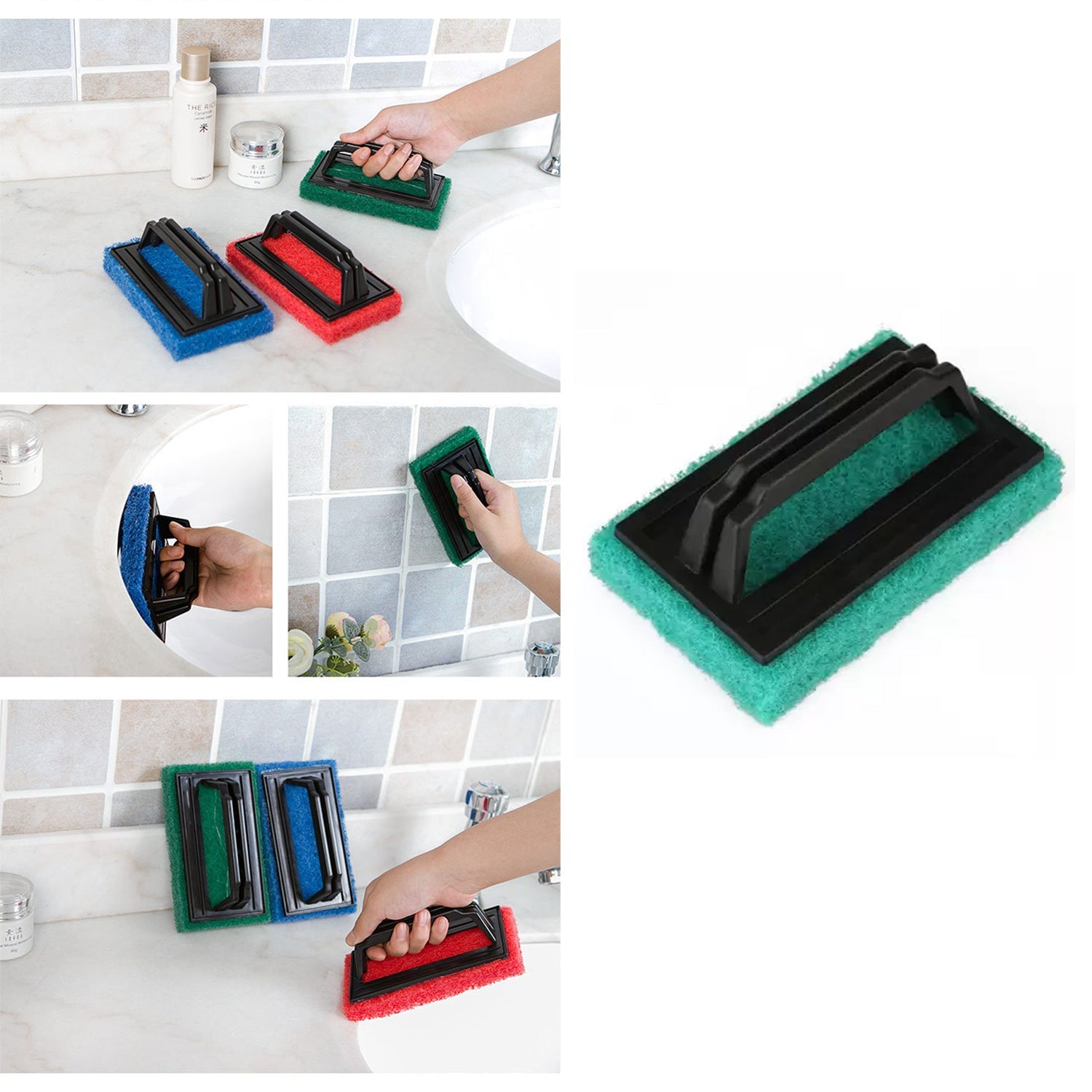 Wukusy handle scrubber brush used for washing utensils and surfaces in kitchen and bathroom settings.