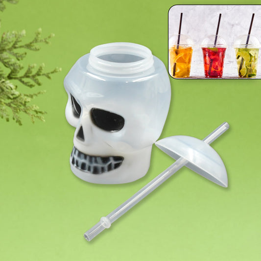 Wukusy Ghost Face water bottle with lid and straw, suitable for summer beach and Hawaiian parties, shown with brown box.
