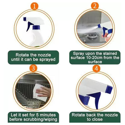 Wukusy Kitchen Cleaner Spray for grease and stain removal on stoves and chimneys, non-flammable, non-toxic, 500ml bottle.