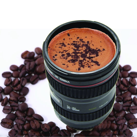 Wukusy camera lens-shaped coffee mug flask with lid, home and kitchen accessory, realistic camera lens design, durable and functional.