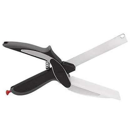 Stainless steel 4-in-1 Clever Cutter by Wukusy, black kitchen tool with multiple functions, shown on a white background.