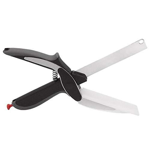 Stainless steel 4-in-1 Clever Cutter by Wukusy, black kitchen tool with multiple functions, shown on a white background.
