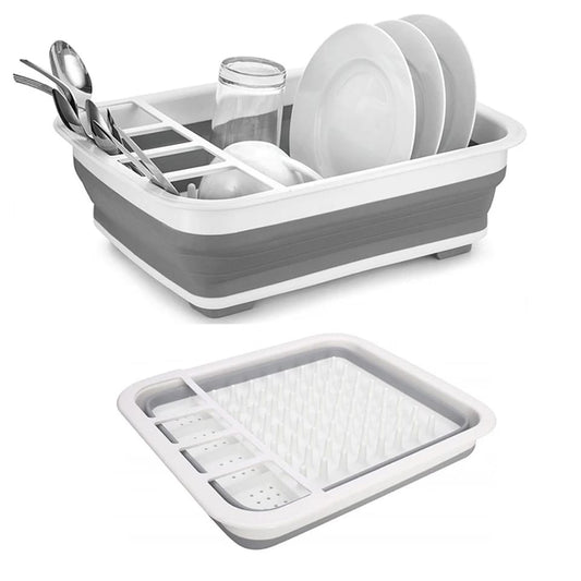 Wukusy collapsible silicone dish drying rack with spoon, fork, and knife storage holder, ideal for compact kitchen organization.