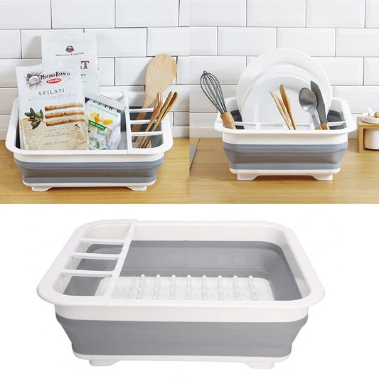 Wukusy collapsible silicone dish drying rack with spoon, fork, and knife storage holder for kitchen countertop drying.