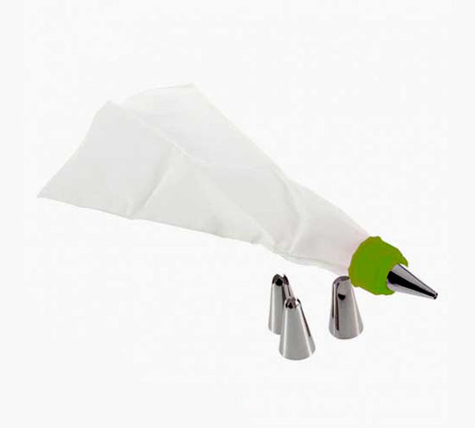 Stainless steel cake decorating nozzle with piping bag for frosting and cream, perfect for home baking by Wukusy.
