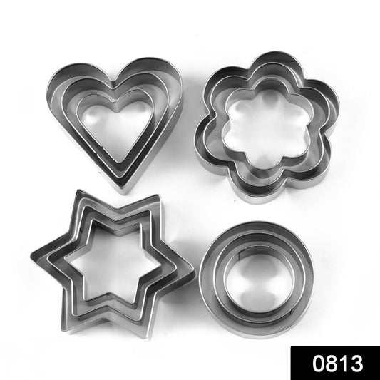 Set of 12 Wukusy stainless steel cookie cutters in heart, round, star, and flower shapes for baking and kitchen use.