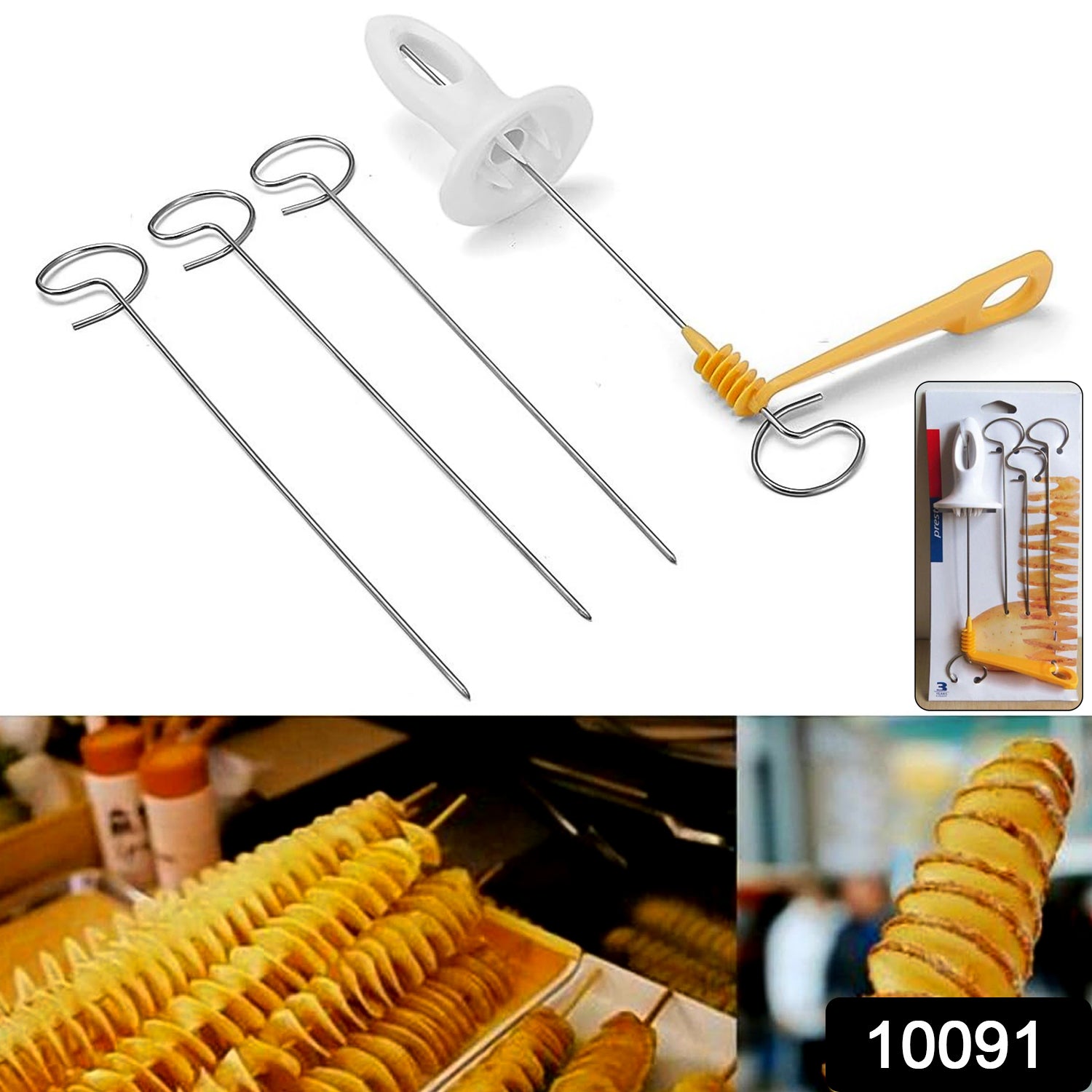Wukusy 1 set potato spiral cutter and twister with 4 spits, kitchen tool for making spiral-shaped potato snacks.