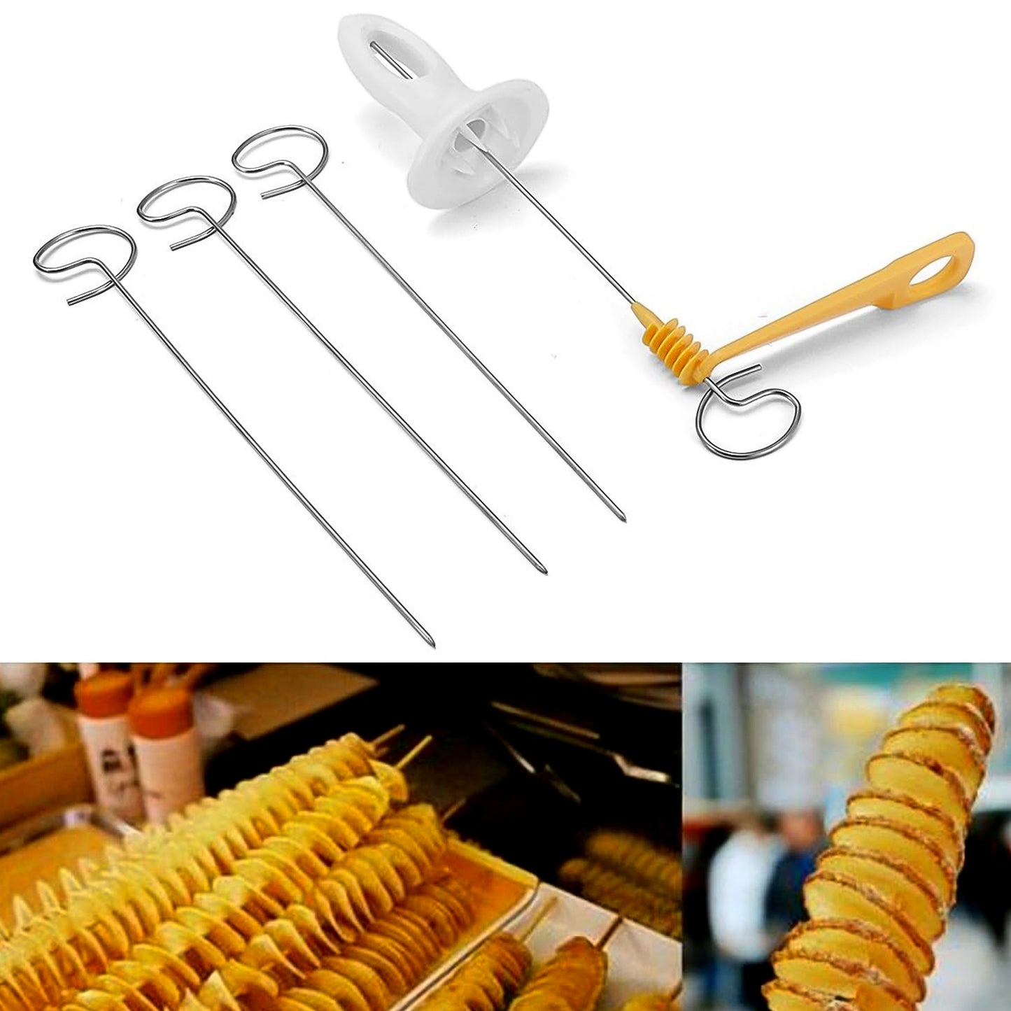 Wukusy 1 set potato spiral cutter with four spits for creating twisted potato spirals in home kitchen.