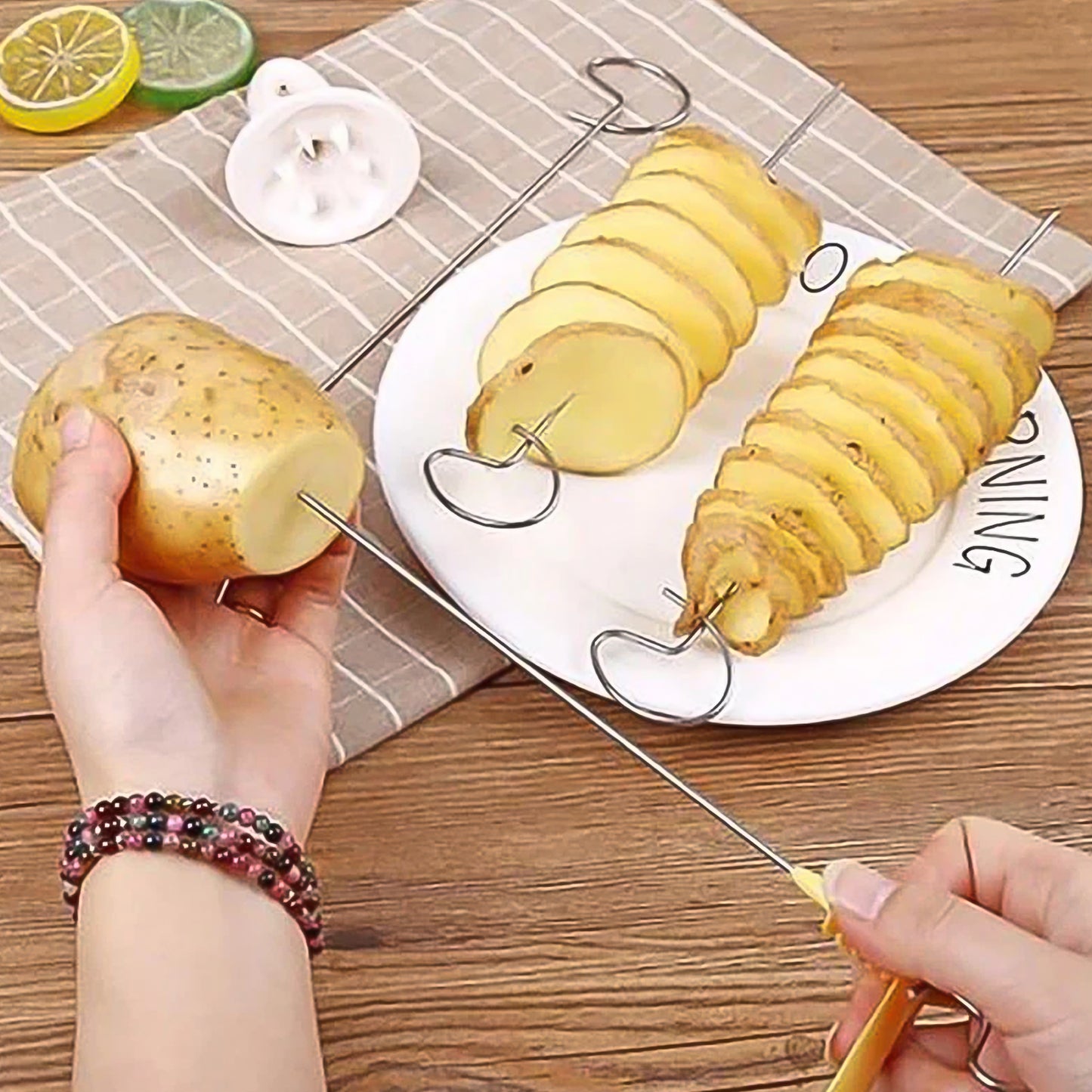 Wukusy 1 set potato spiral cutter and twister with 4 spits, ideal for making spiral-cut potatoes in home kitchen.