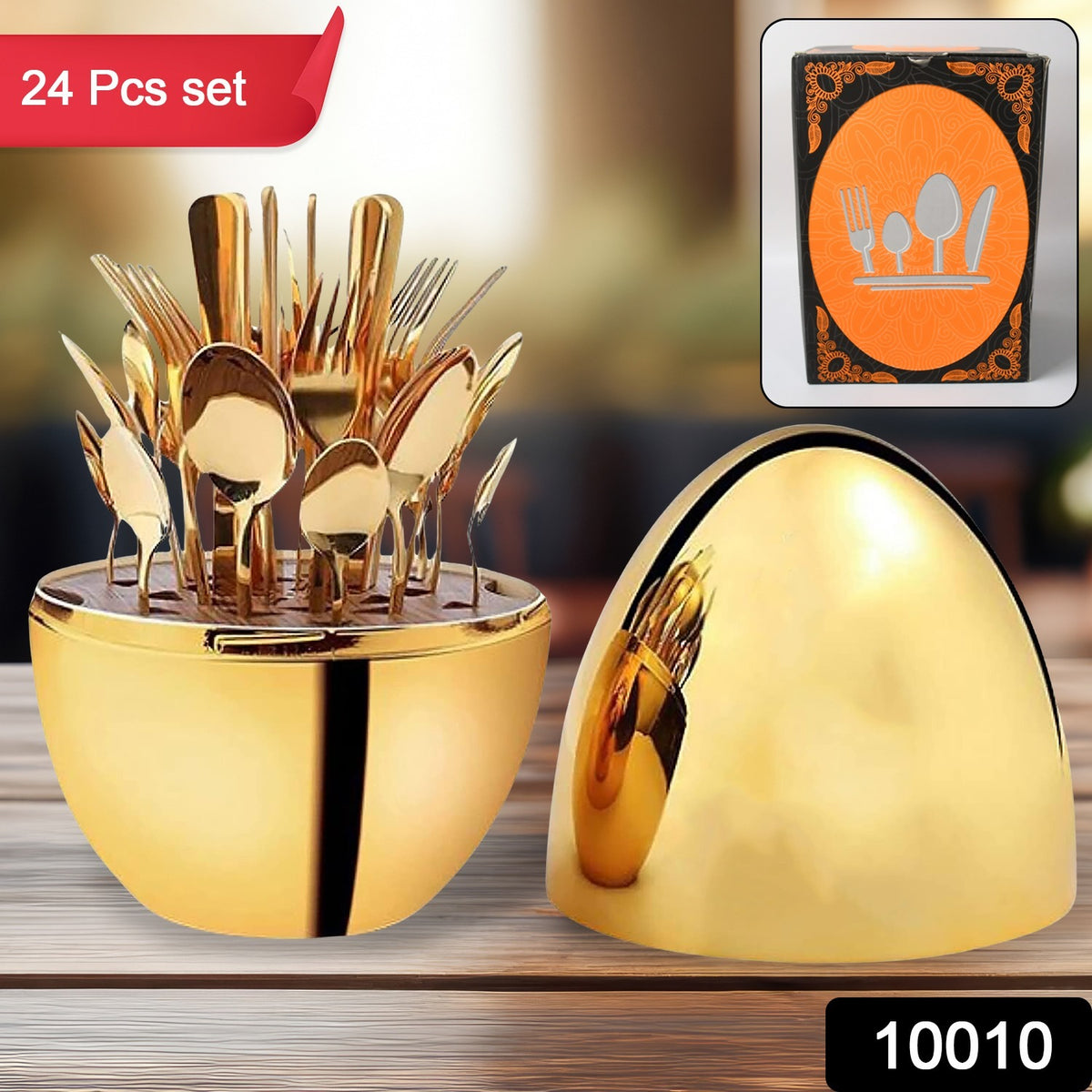 Wukusy 24-piece premium gold cutlery set with stylish oval stand and egg-shaped spoon holder for elegant home dining.