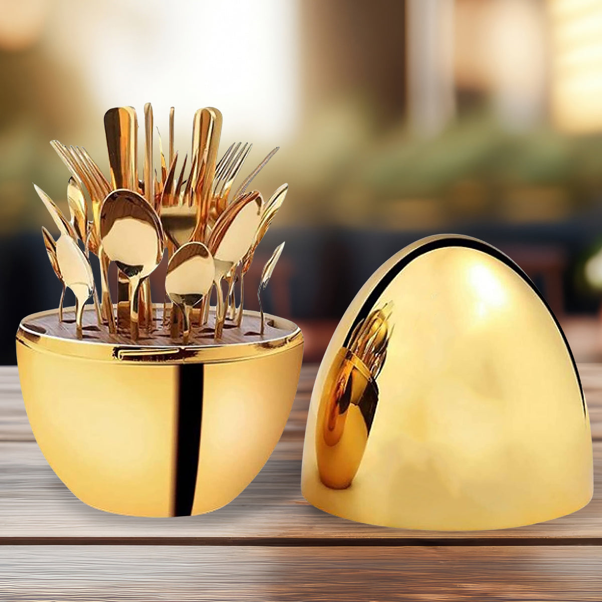 Wukusy 24-piece gold cutlery set with oval stand, stylish egg-shaped spoons, knives, forks, and a luxury spoon holder.