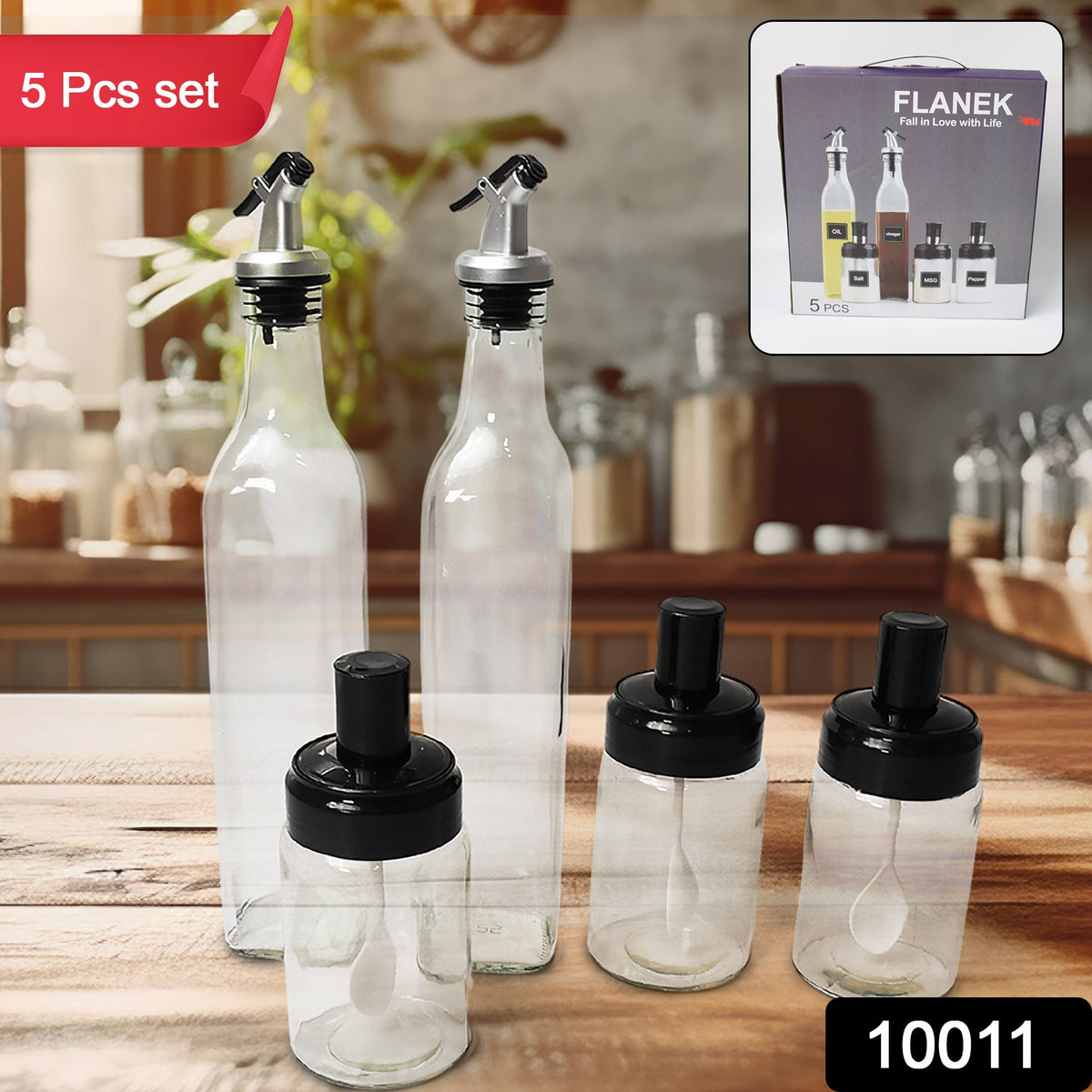 Set of Wukusy glass oil and spice dispensers including 2 500ml oil bottles, 3 250ml spice jars for kitchen storage.