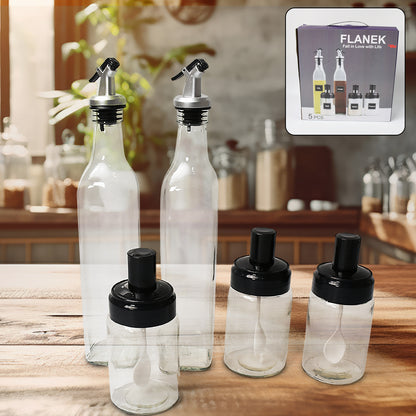 Set of transparent Wukusy glass oil and spice dispensers with 500ml and 250ml bottles for kitchen storage and spice organization.