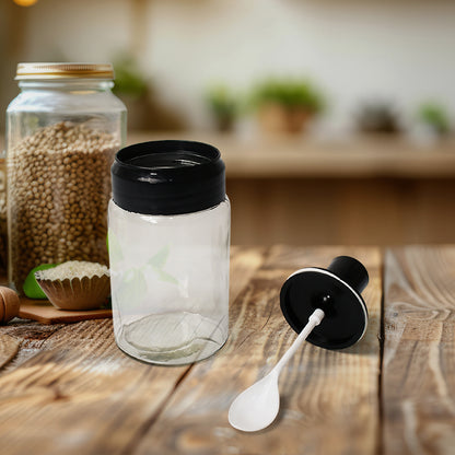 Set of Wukusy glass oil dispensers and spice jars, including 500ml oil bottles and 250ml spice containers for kitchen storage.