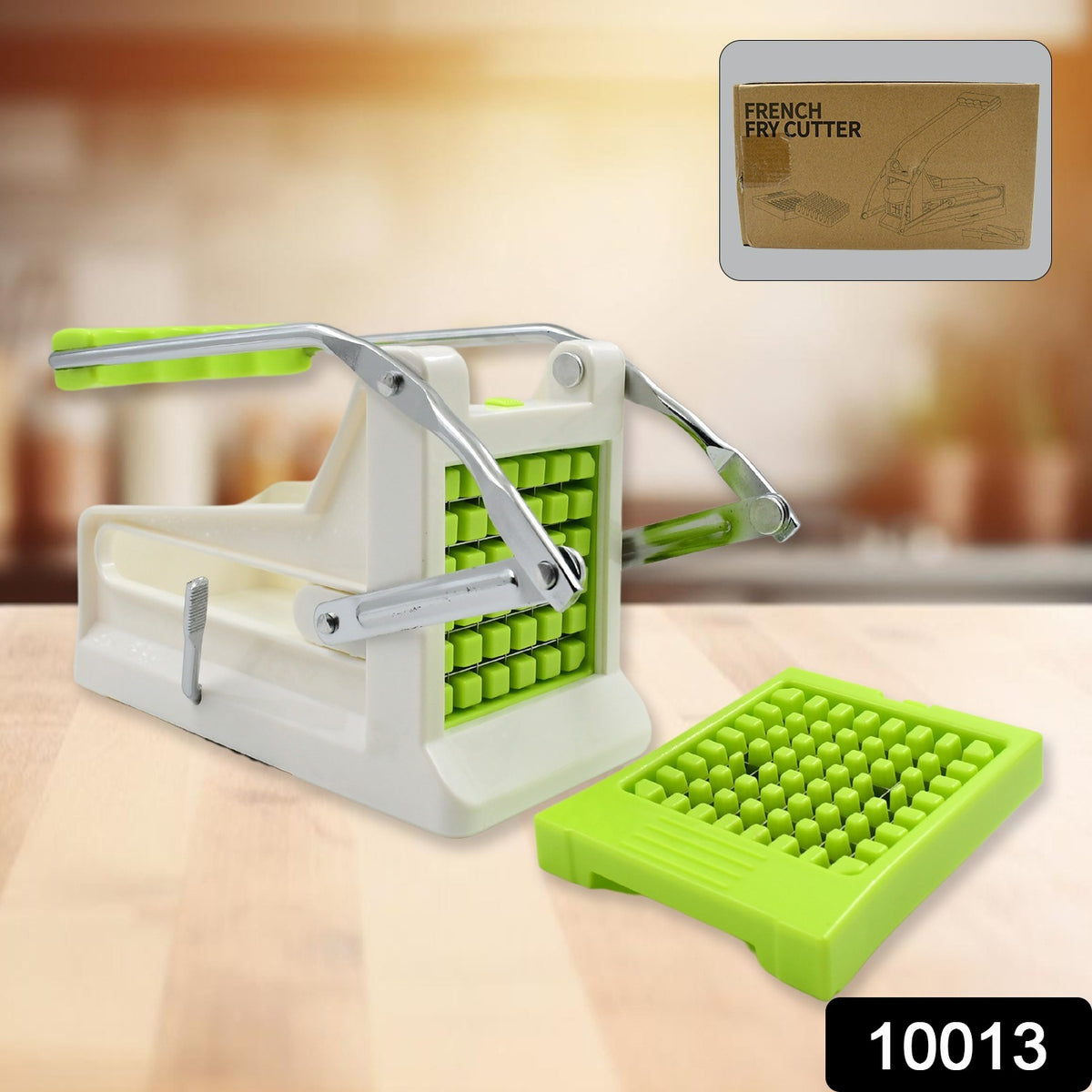 Wukusy stainless steel French fry cutter with vegetable slicing blades, suitable for potatoes, onions, carrots, cucumbers, and fruits.