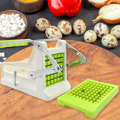 Wukusy French fry cutter made of stainless steel, showing blades for cutting potatoes, vegetables, onions, and cucumbers.