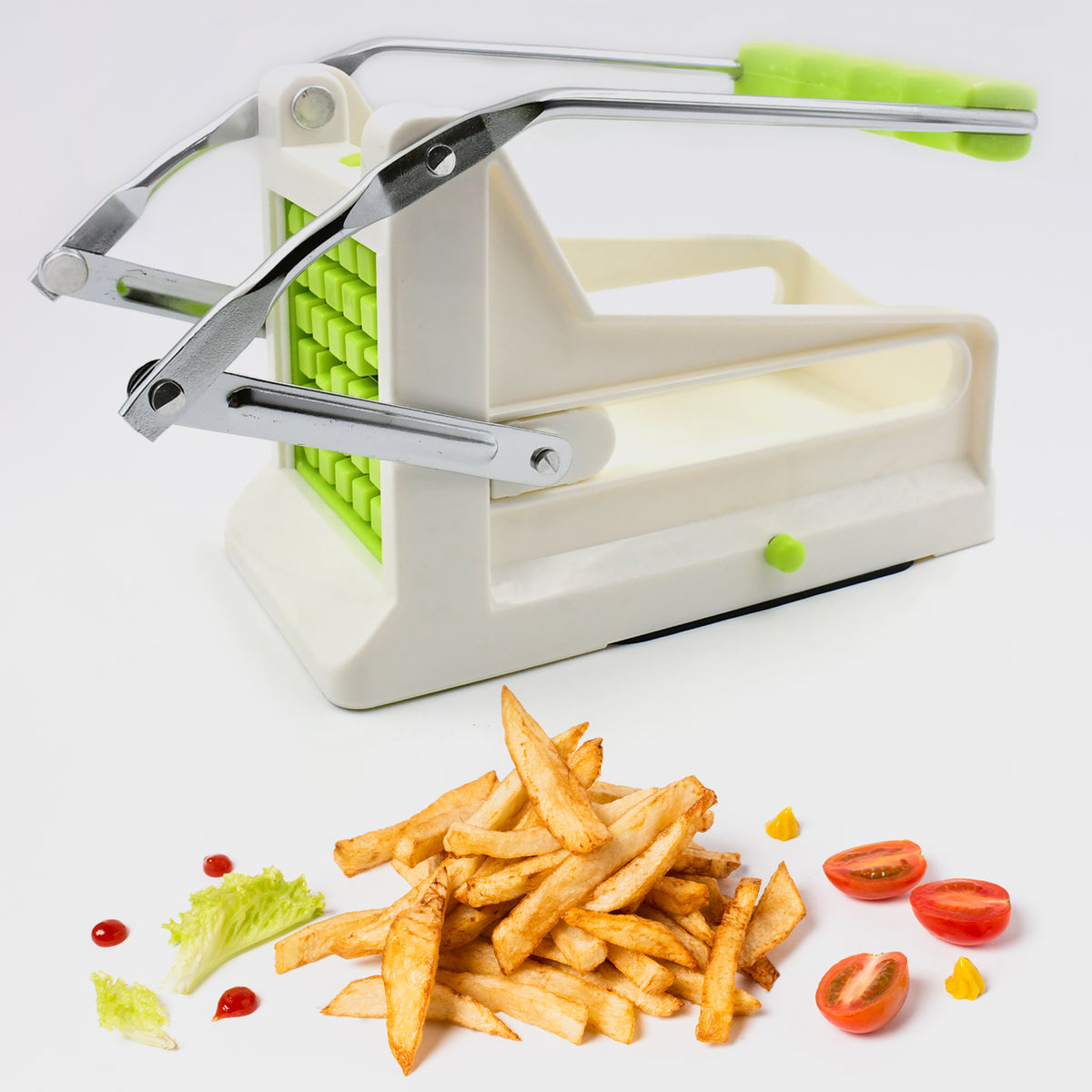 Wukusy French fry cutter with stainless steel blade, ideal for potatoes, vegetables, carrots, cucumbers, and fruits.
