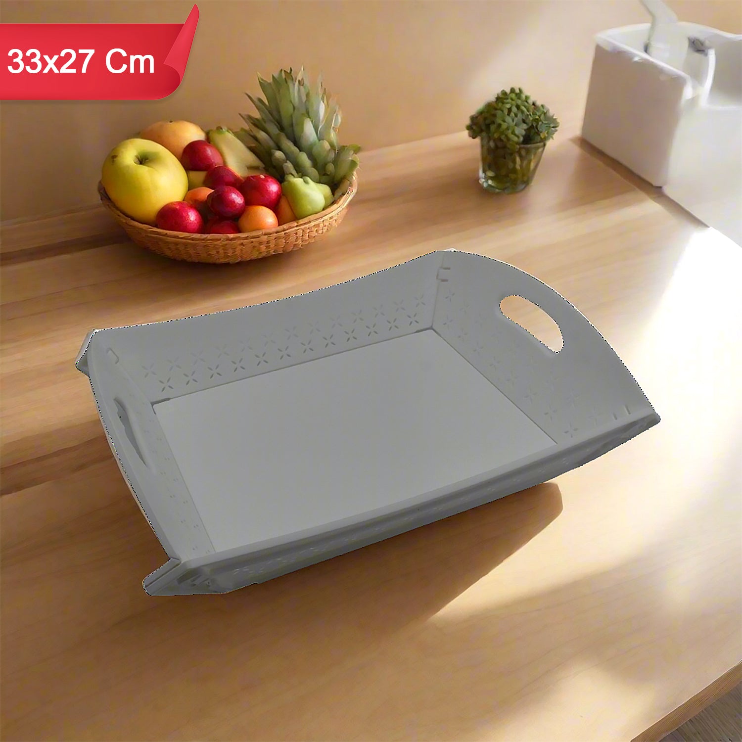 Wukusy foldable plastic serving tray with handle, ideal for food serving in kitchen, outdoor, or restaurant settings.