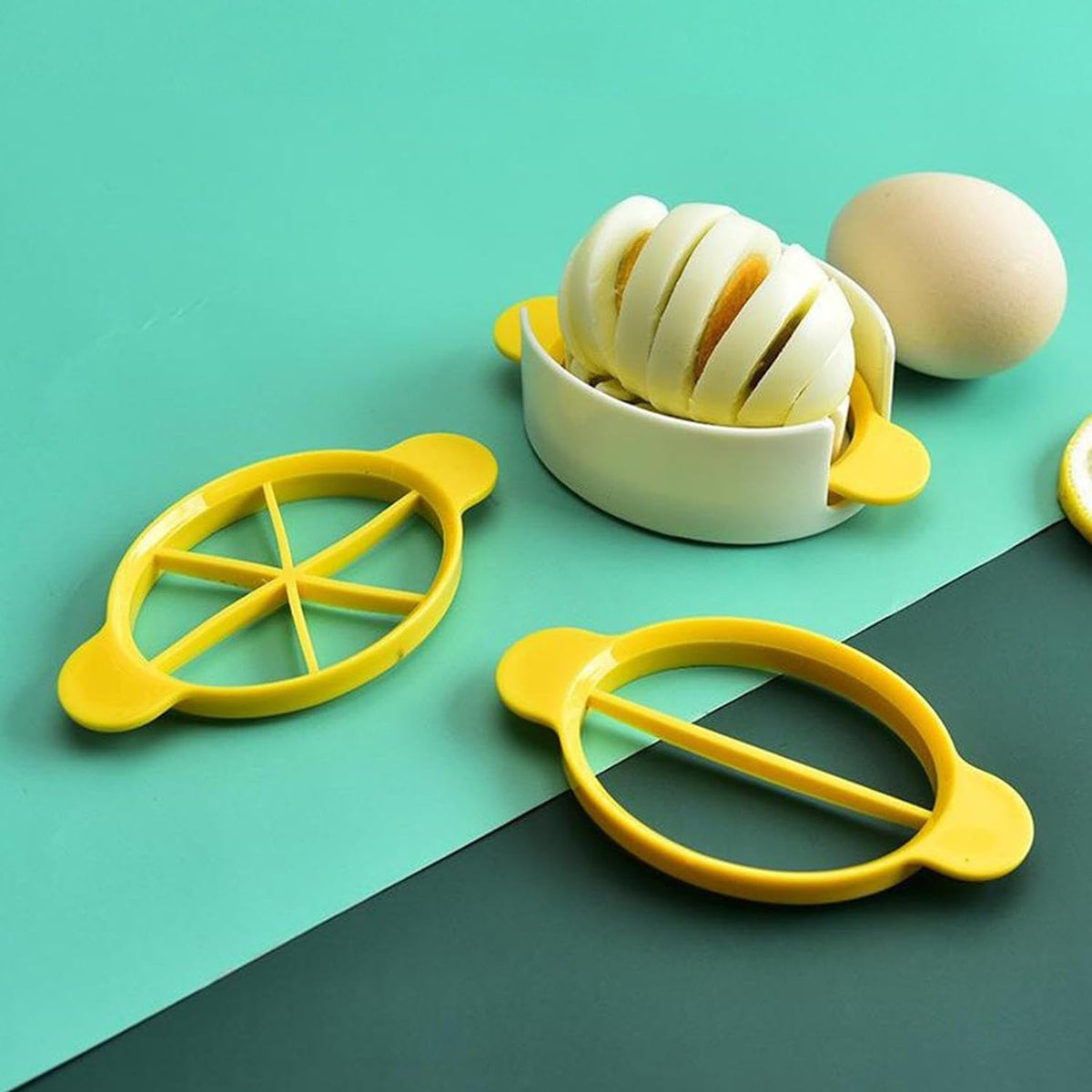 Wukusy 3-in-1 egg slicer for boiled and preserved eggs, kitchen tool with stainless steel blades for home or restaurant use.