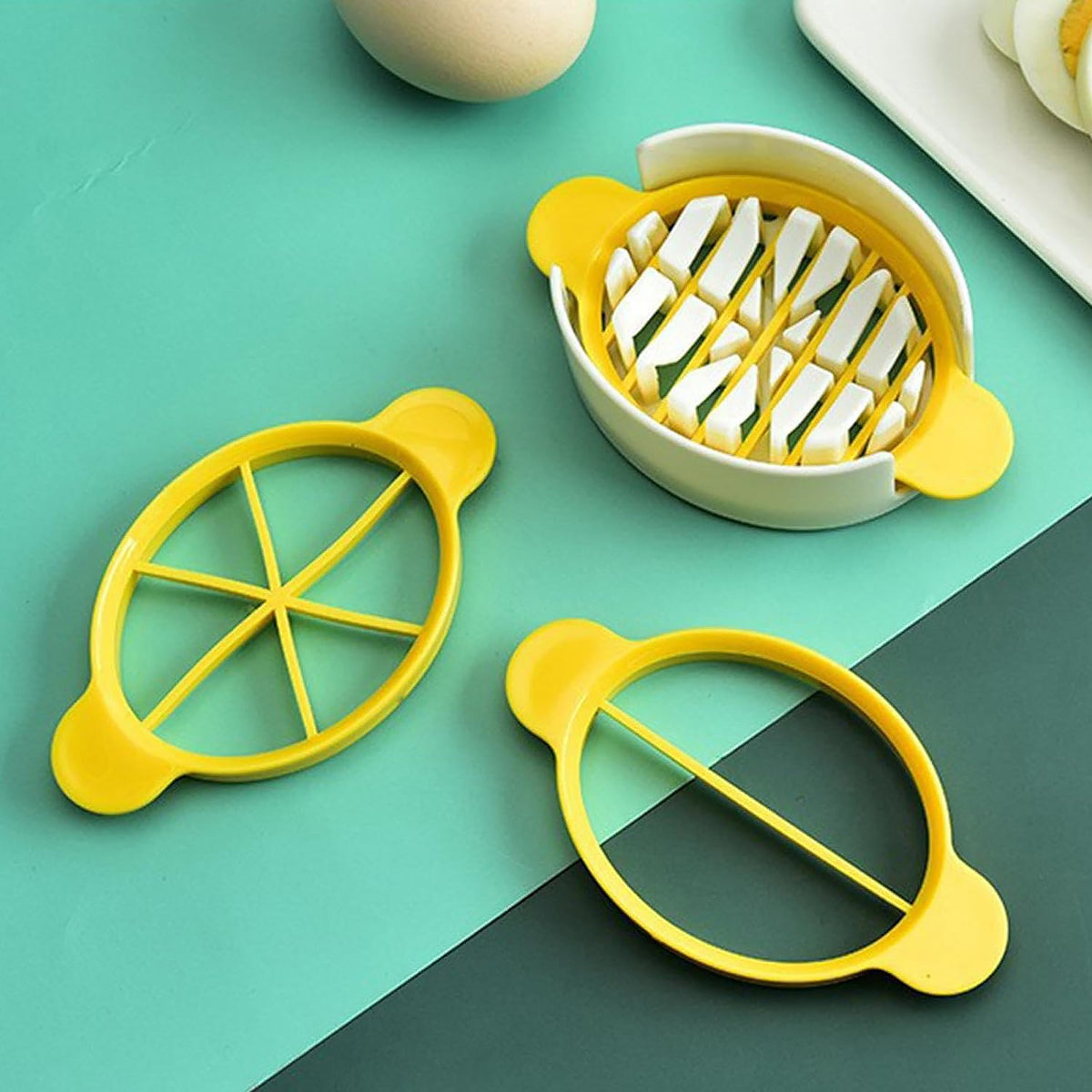 Wukusy 3-in-1 egg slicer for boiled and preserved eggs, stainless steel blades, kitchen tool for home and restaurant use.