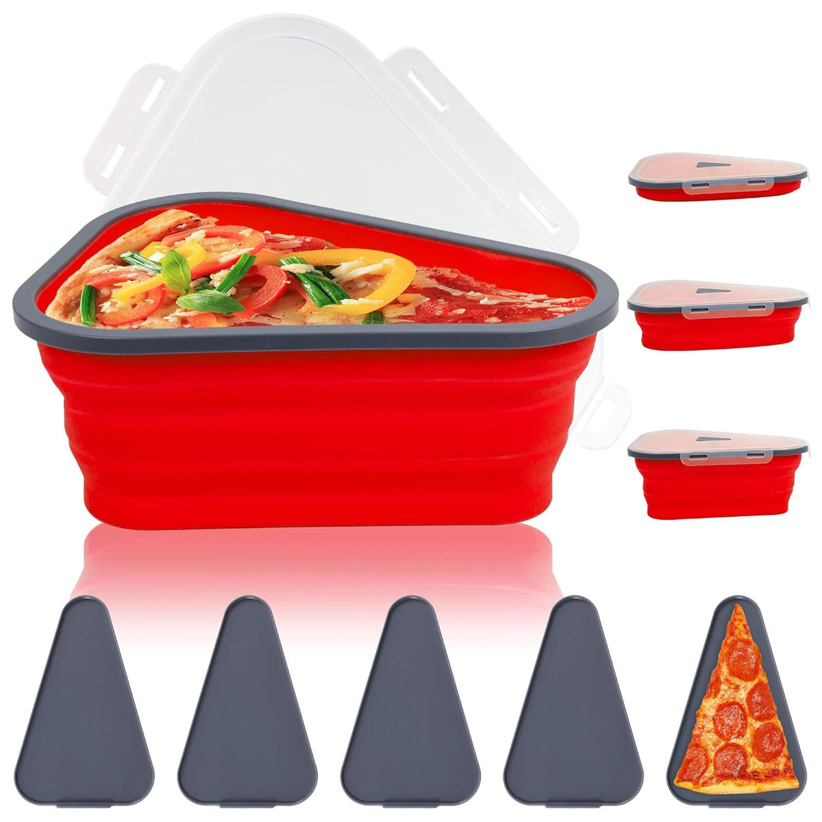 Wukusy reusable pizza storage containers with five microwavable silicone trays, expandable and adjustable for home or outdoor use.