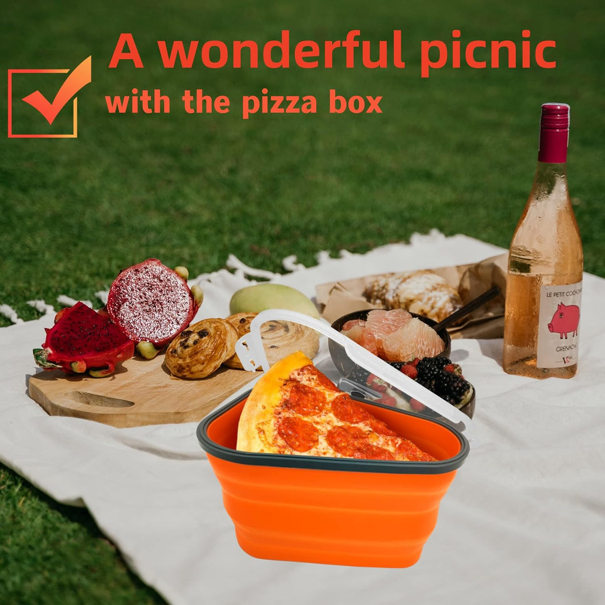 Wukusy reusable pizza storage containers with five microwavable silicone trays, expandable and adjustable for home or outdoor use.