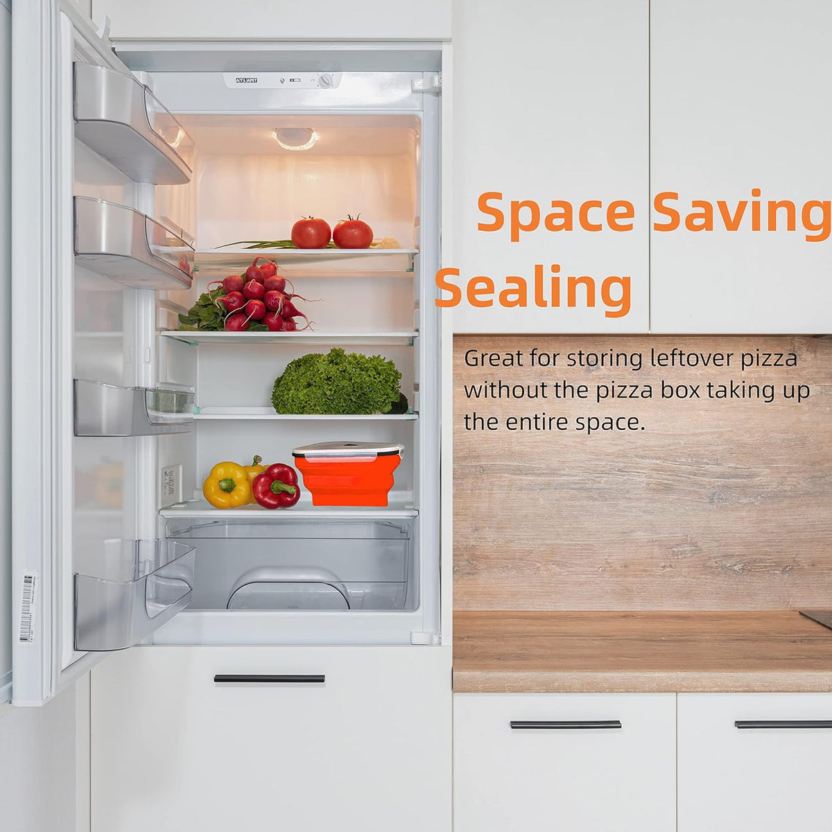 Wukusy reusable pizza storage containers with five microwavable silicone trays, expandable and adjustable for home or outdoor pizza packing.